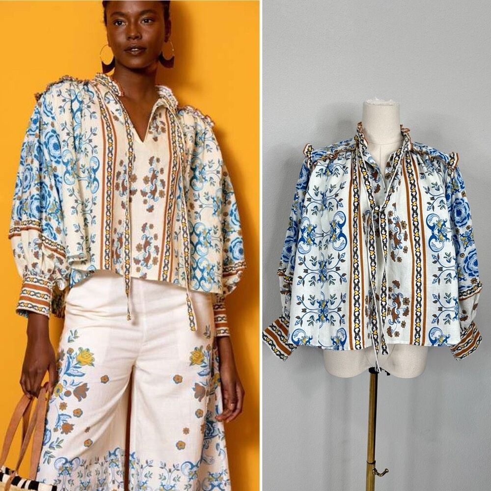 Blue & Cream Printed Boho Peasant Blouse